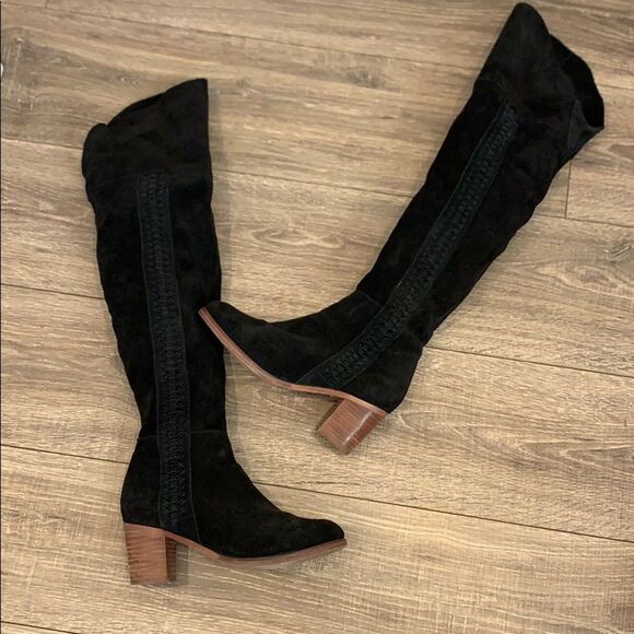 Round Toe Black Suede Over the Knee Boot - Picture 1 of 6